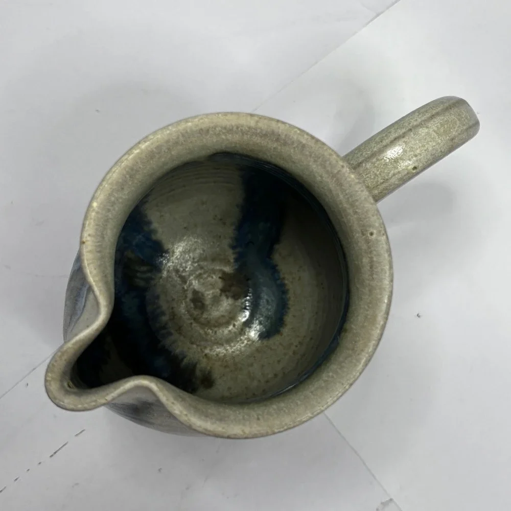 Vintage 1987 Signed Studio Pottery Creamer Pitcher Blue Grey Drip Glaze Ceramic‎